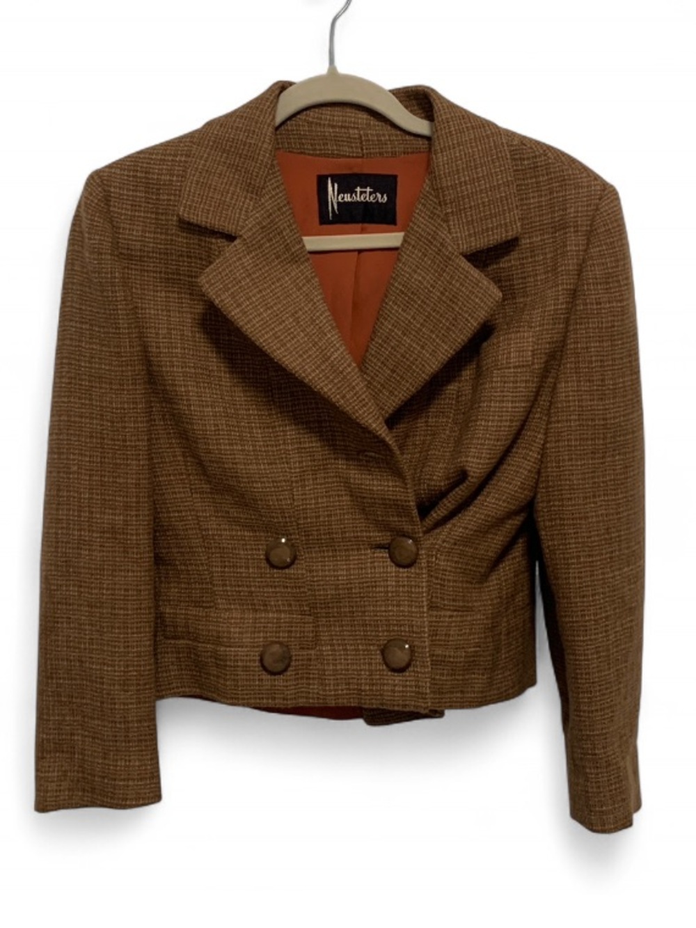 Neusteter’s Tan Tweed Double-Breasted Cropped Blazer